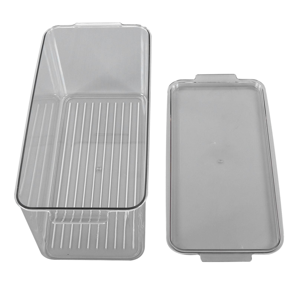 Plastic Storage Box in clear rigid plastic, with a ribbed interior base and a separate matching rectangular lid
