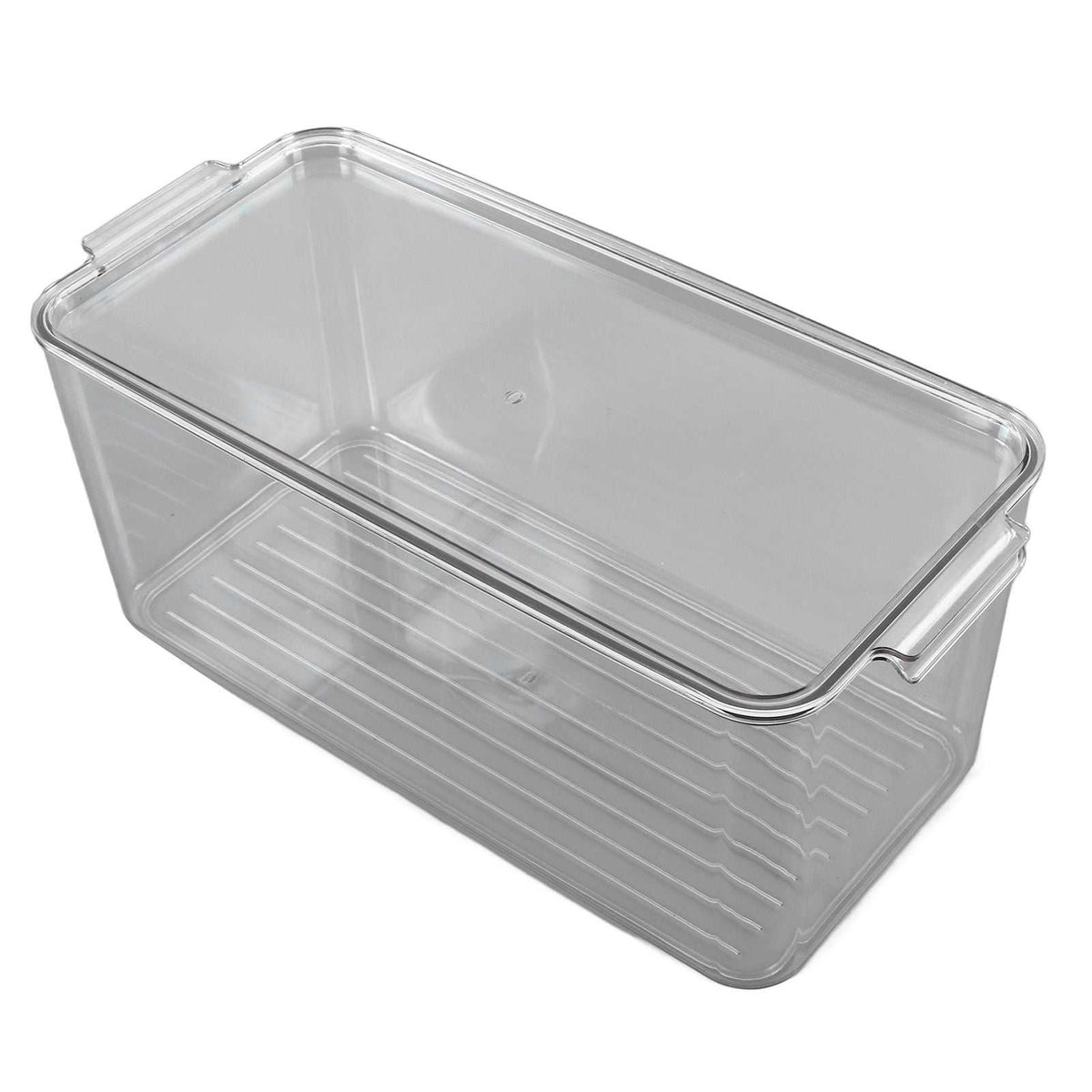 Plastic Storage Box in clear transparent plastic with a ridged base and fitted lid, designed for stackable storage