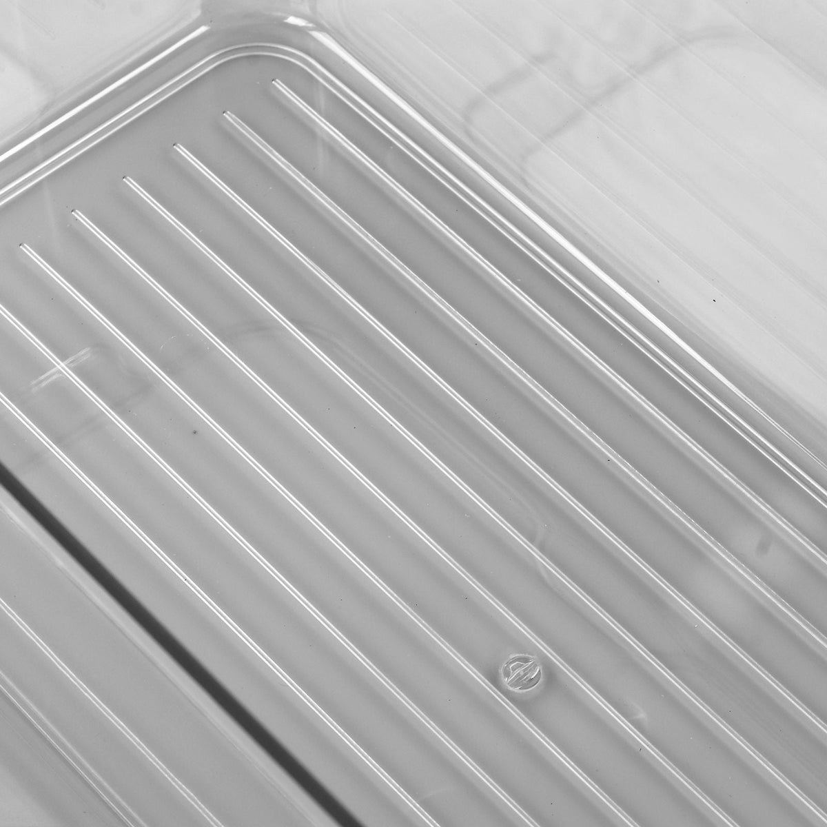 Plastic Storage Box with a clear plastic lid featuring raised parallel ridges and a small embossed mark