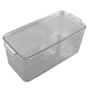 Plastic Storage Box in clear transparent plastic, with a rectangular open top, ridged base and integrated side handles