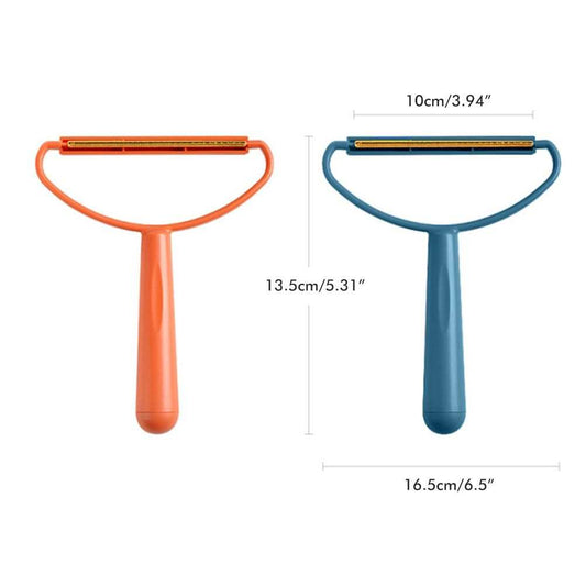 Portable Lint Remover with blue and orange plastic handles and slim metal blades in a double-sided design
