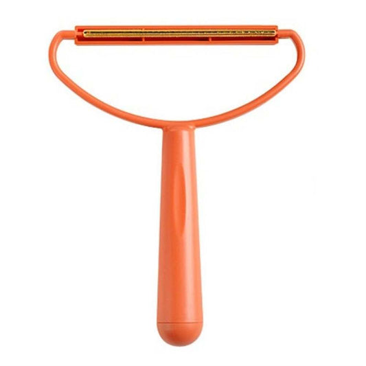 Portable Lint Remover with an orange plastic handle and narrow metal blade in a wide, curved frame
