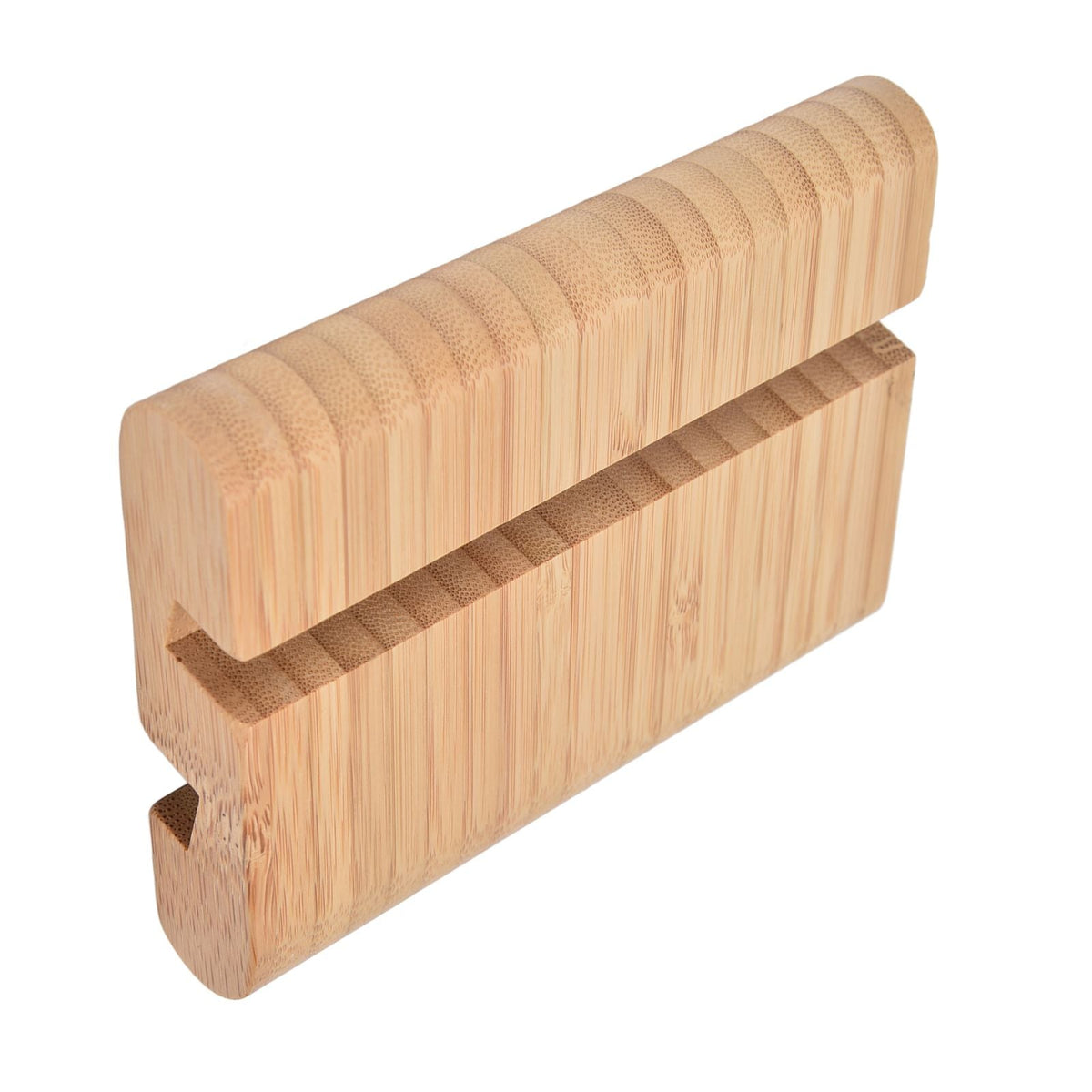 Portable Phone Stand made from light natural bamboo, with a compact double-sided grooved design