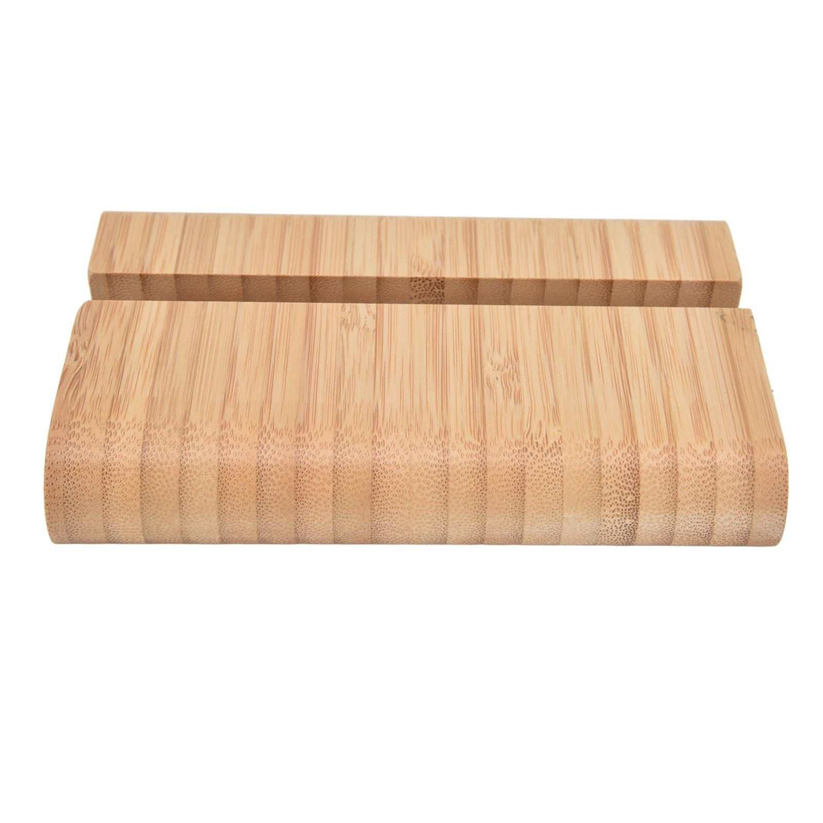 Portable Phone Stand in natural bamboo with a smooth wood grain finish and a double-sided grooved design