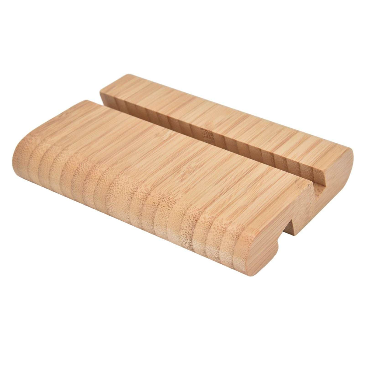 Portable Phone Stand in natural light bamboo with smooth rounded edges and a long device groove in a double-sided design