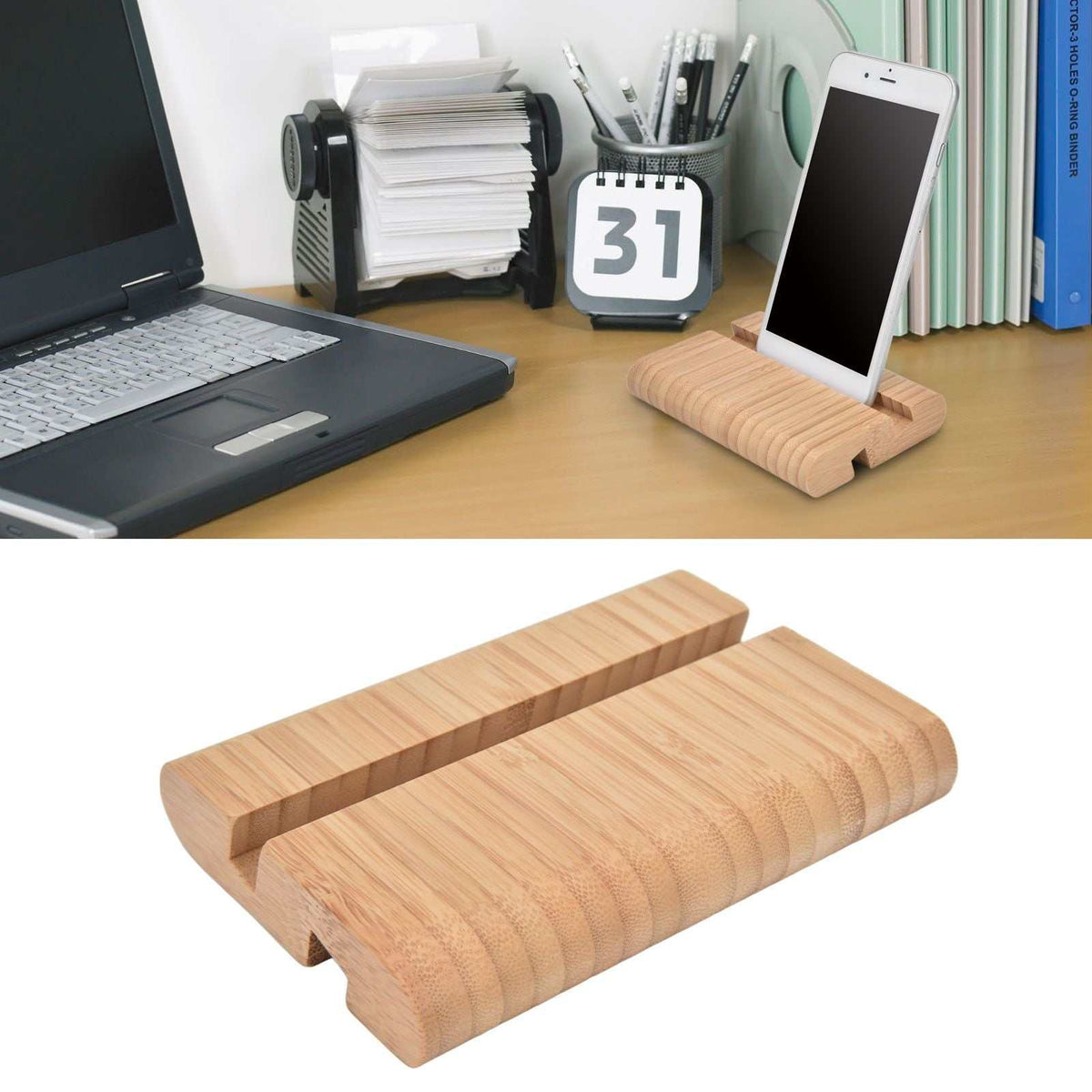 Portable Phone Stand in natural bamboo with a double-sided grooved design and rounded edges for holding devices