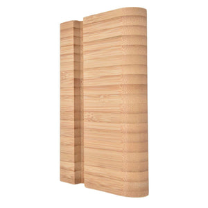 Portable Phone Stand in natural bamboo with a smooth striped grain, curved profile and double-sided device grooves