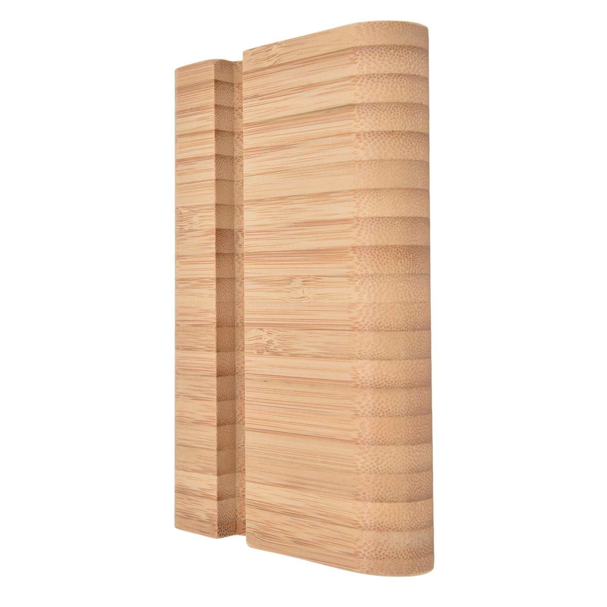 Portable Phone Stand in natural bamboo with a smooth striped grain, curved profile and double-sided device grooves