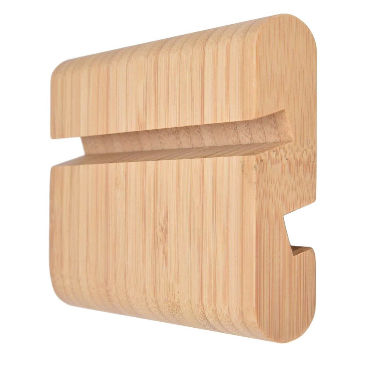 Portable Phone Stand made from natural light bamboo, with a compact double-sided design and angled device grooves