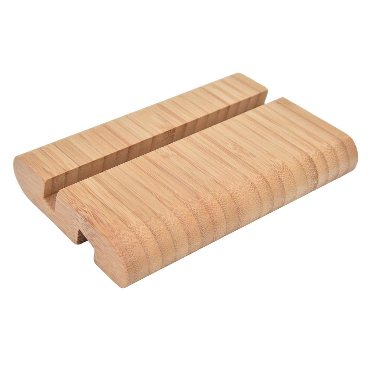 Portable Phone Stand made from natural light bamboo, with a smooth finish and two-sided device grooves