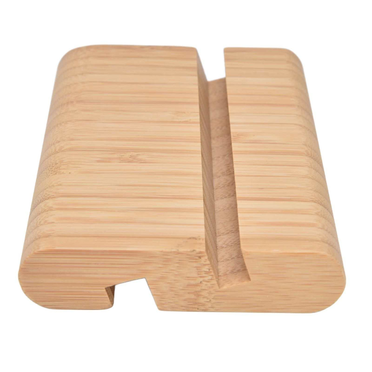 Portable Phone Stand in natural bamboo with a smooth grain, wide double-sided grooves and a compact rectangular shape
