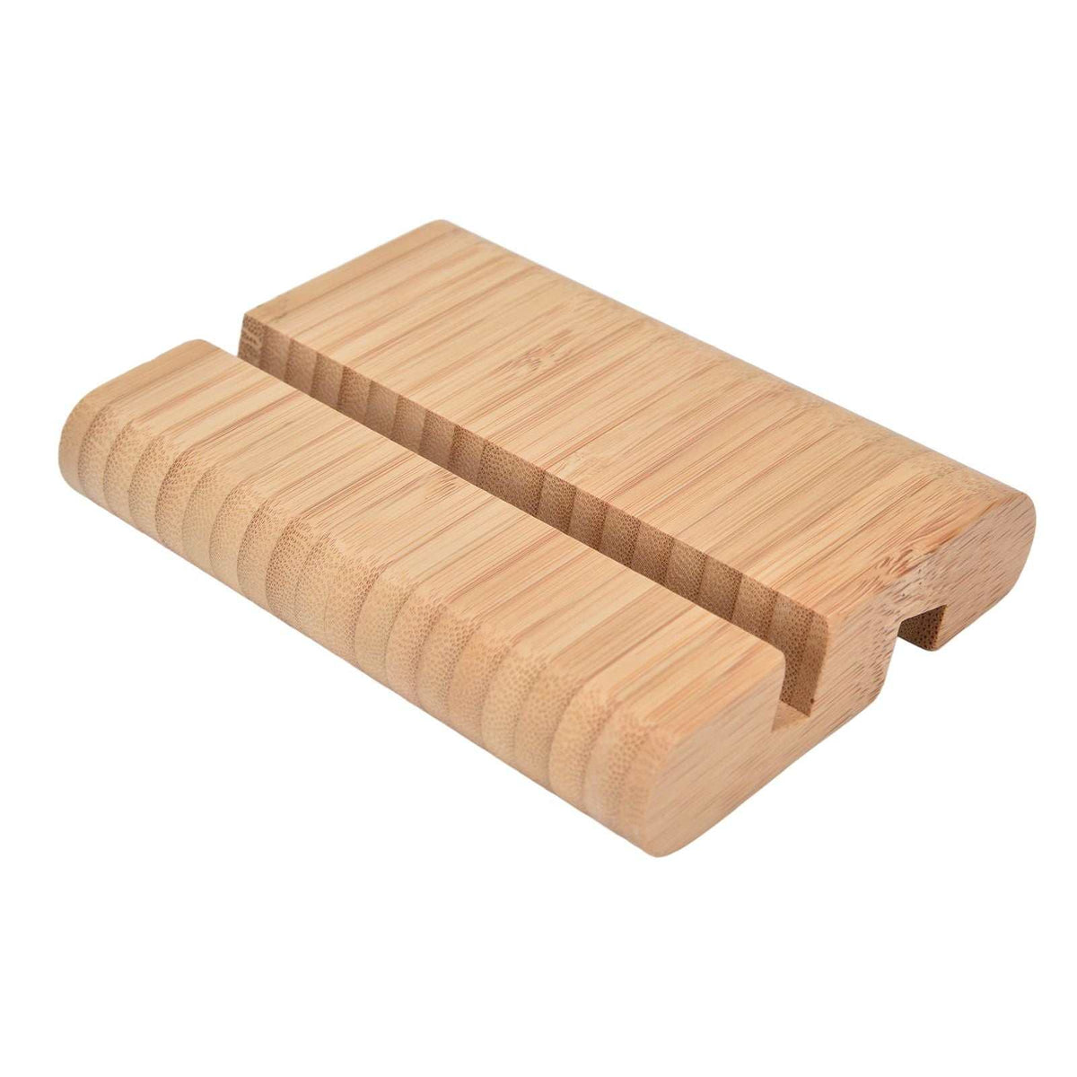 Portable Phone Stand made from natural light bamboo, with a double-sided design and two device grooves