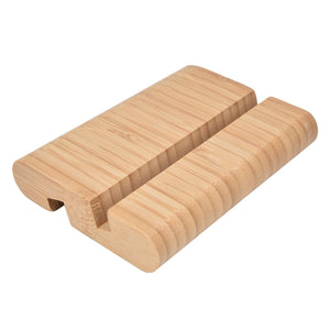 Portable Phone Stand made from natural light bamboo, with a double-sided design and two device slots