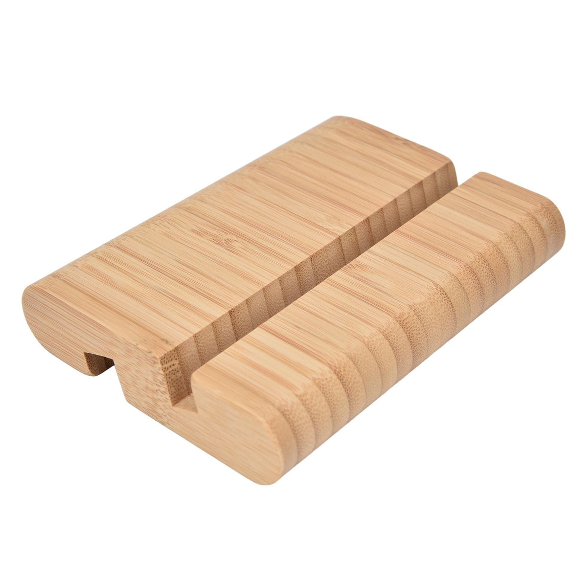 Portable Phone Stand made from natural light bamboo, with a double-sided design and two device slots