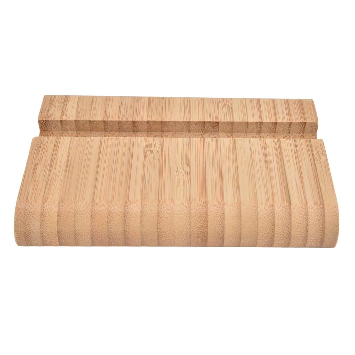 Portable Phone Stand in natural light bamboo with visible grain, rounded edges and a long recessed device groove