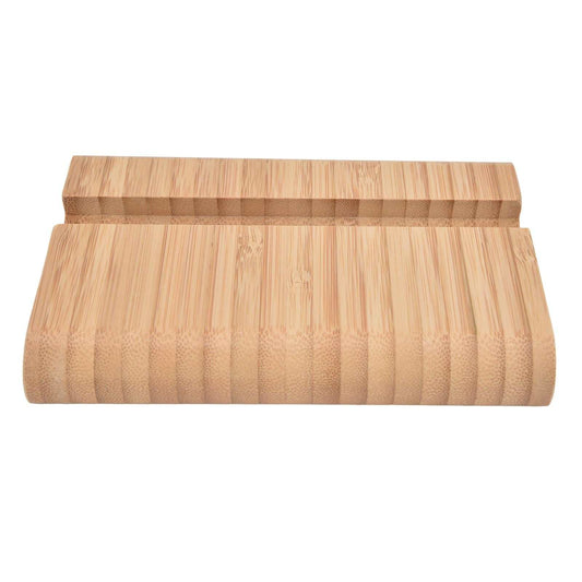 Portable Phone Stand in natural light bamboo with visible grain, rounded edges and a long recessed device groove