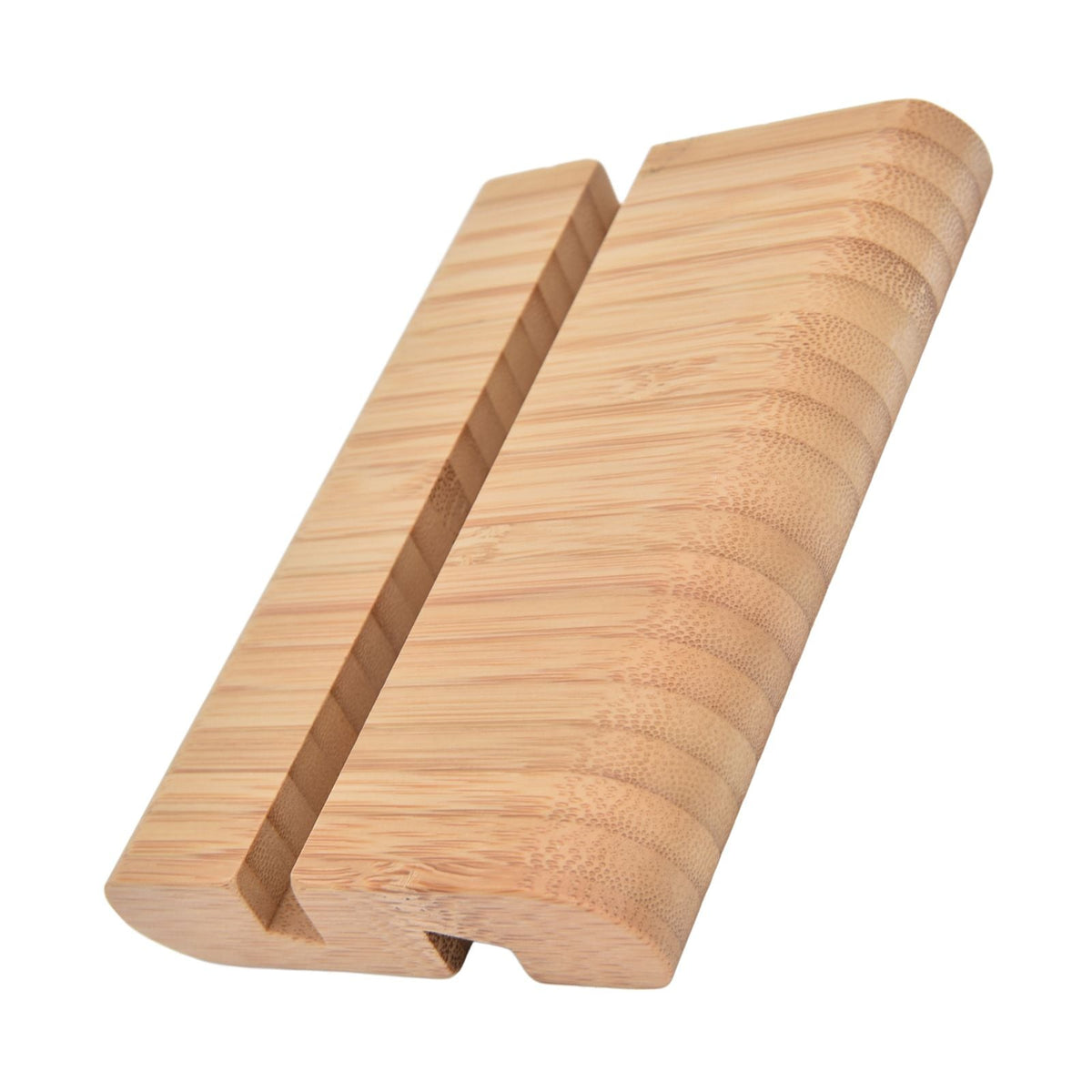 Portable Phone Stand made from light natural bamboo, with a long angled groove and rounded double-sided edges