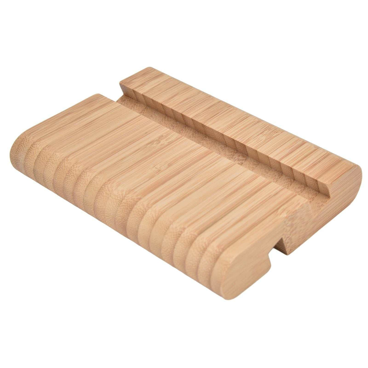 Portable Phone Stand in natural bamboo with visible wood grain, a raised rear ledge and a front device groove