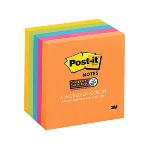 POST-IT Super Sticky Note pads in vivid orange, pink, blue, green and yellow, with square format and branded covers