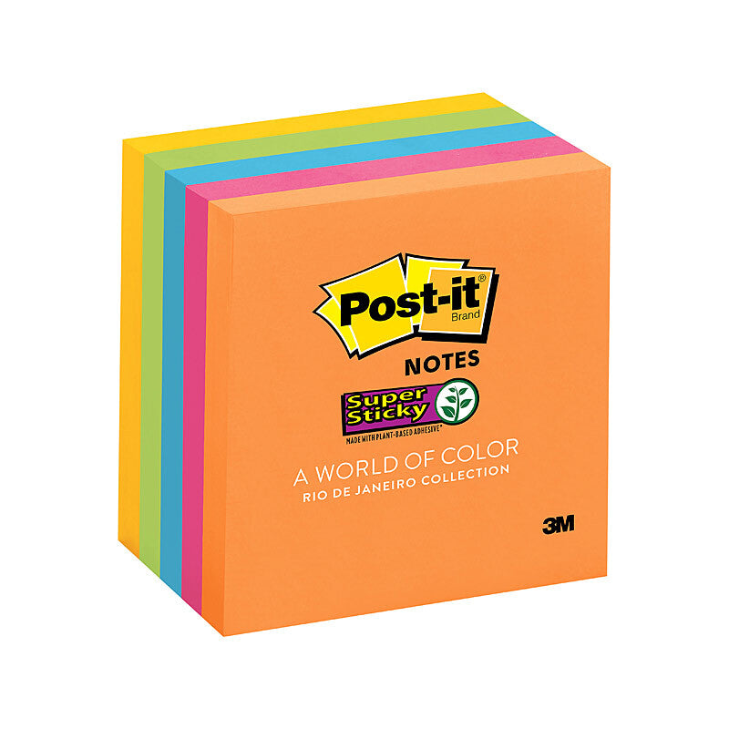 POST-IT Super Sticky Note pads in vivid orange, pink, blue, green and yellow, with square format and branded covers