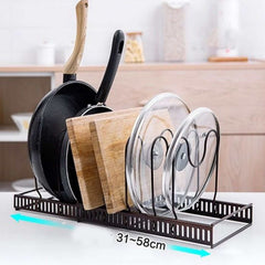 Retractable Pot Lid Rack & Organiser – Iron Wire, U-Slot Holder, Adjustable Spacing, Universal Fit, Black