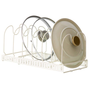 Pot Lid Rack Iron with white adjustable wire slots holding glass and metal pot lids upright in a row