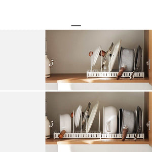 Pot Lid Rack Iron with white metal wire frame and adjustable U-shaped slots holding lids and pans upright
