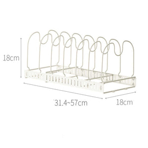 Pot Lid Rack Iron with white wire construction, upright U-shaped slots and an adjustable retractable base