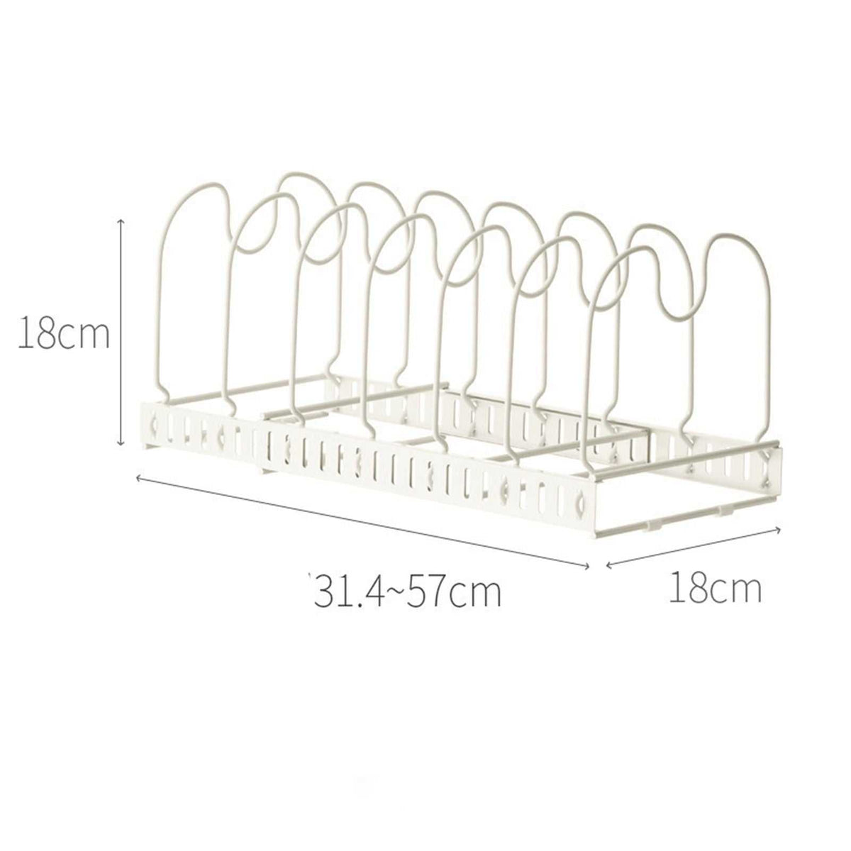Pot Lid Rack Iron with white wire construction, upright U-shaped slots and an adjustable retractable base