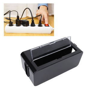 Power Socket Storage Box in glossy black plastic with a clear hinged lid and wide opening for power strips and cords