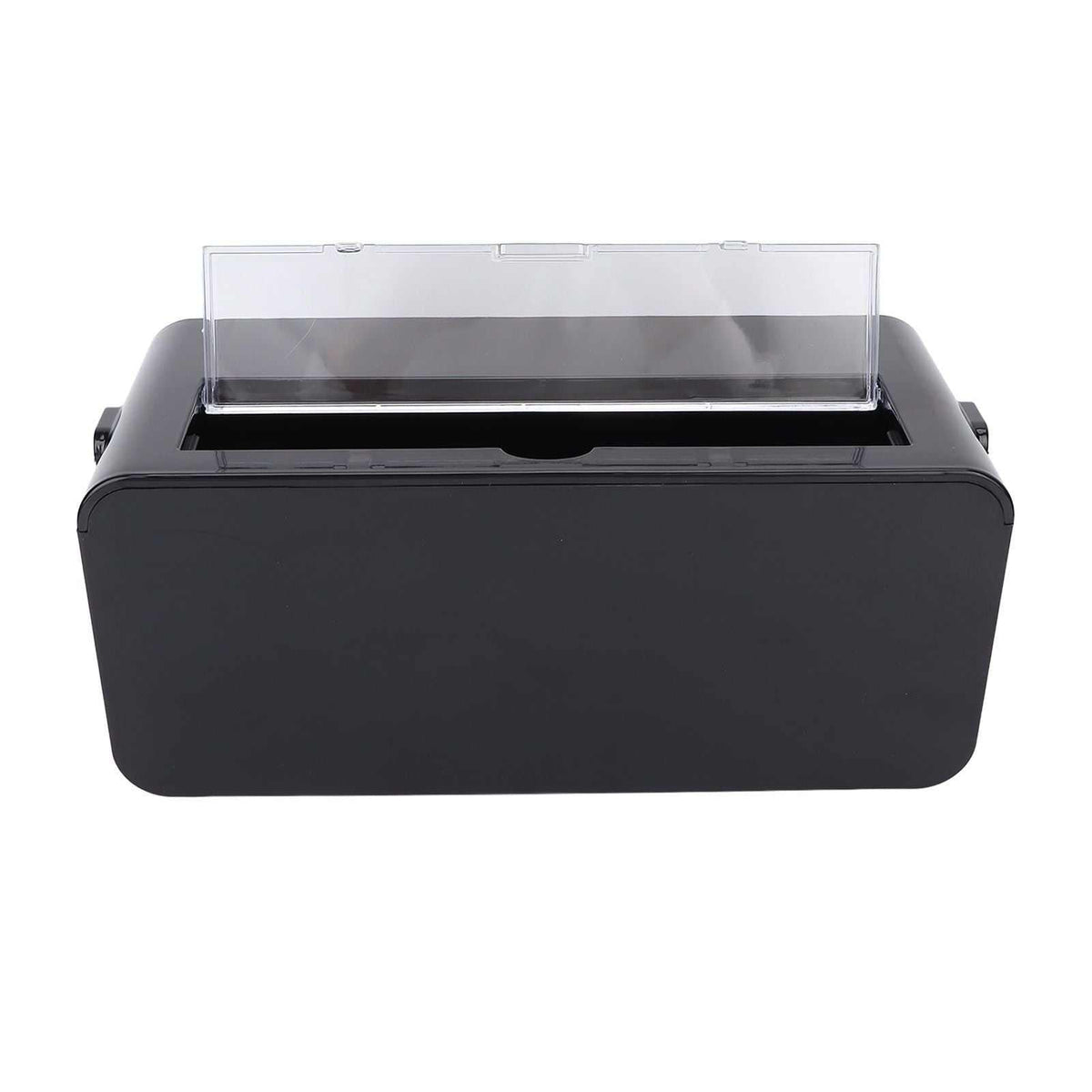 Power Socket Storage Box in black plastic with a clear hinged lid and a wide rectangular opening for cables