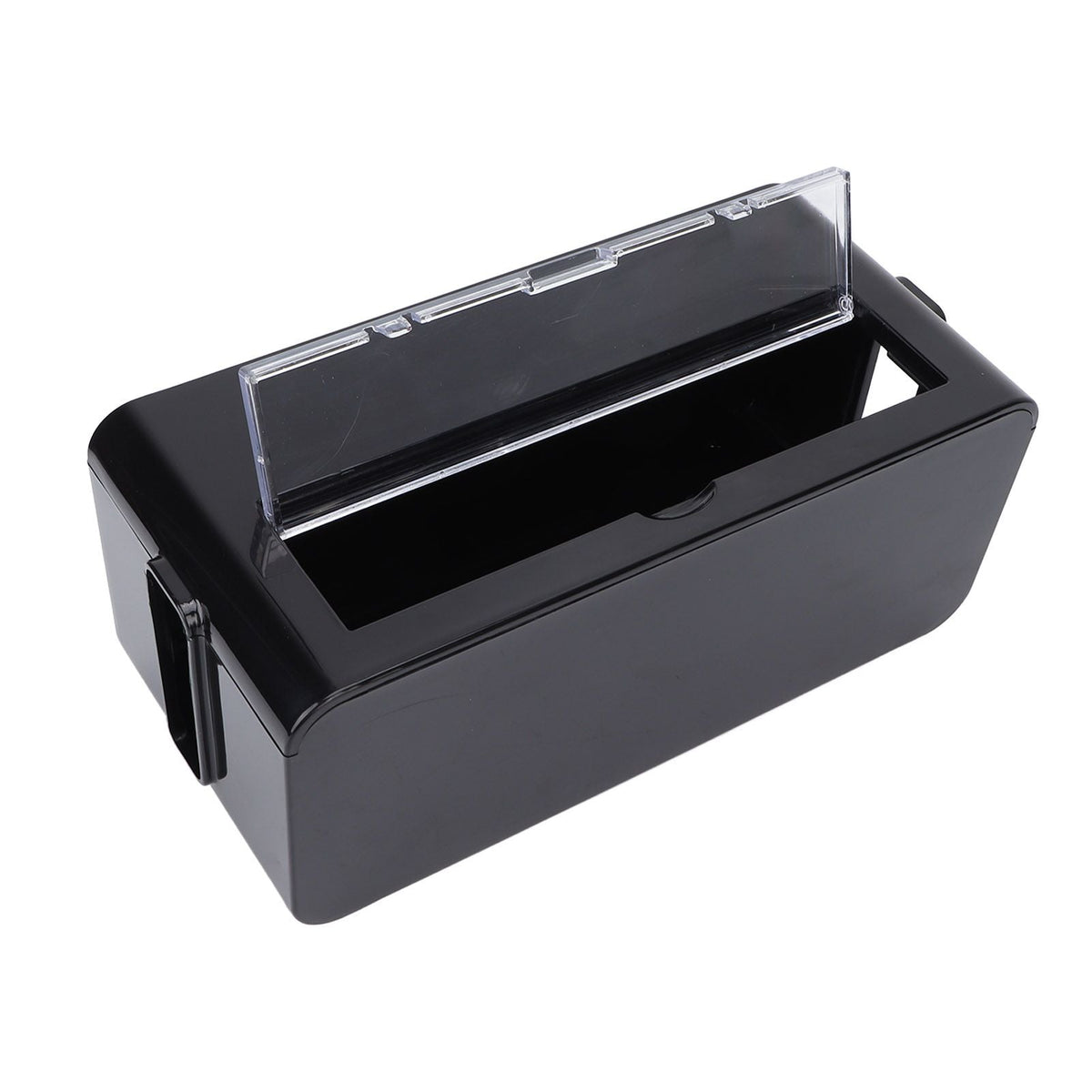 Power Socket Storage Box in black PS+ABS plastic, with a clear hinged lid and side cable access openings