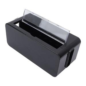 Power Socket Storage Box in black plastic with a clear hinged lid, long rectangular shape and side cable openings