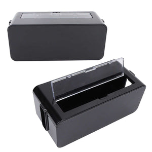 Power Socket Storage Box in black plastic with a rectangular shape and a clear hinged lid opened to reveal the interior