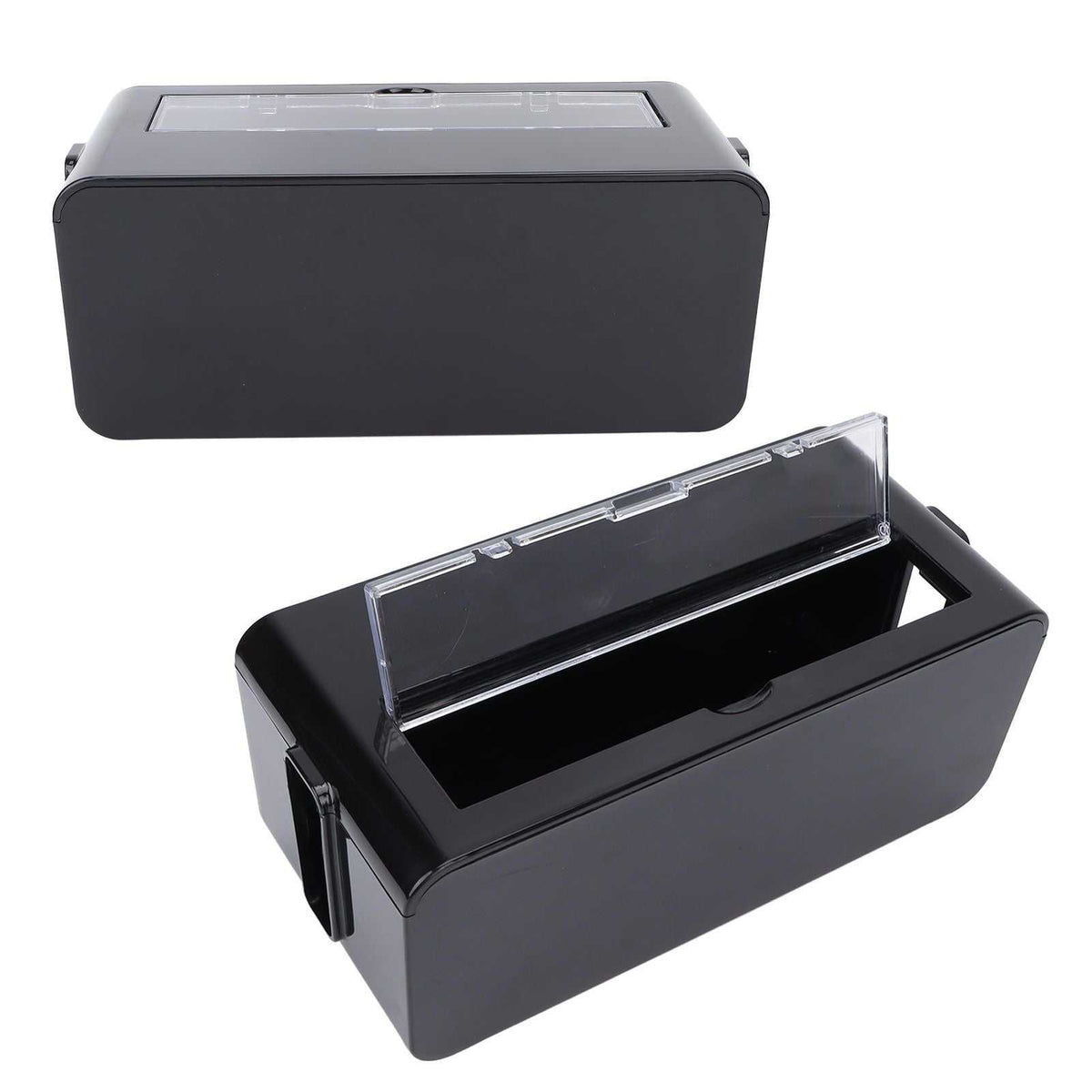 Power Socket Storage Box in black plastic with a rectangular shape and a clear hinged lid opened to reveal the interior