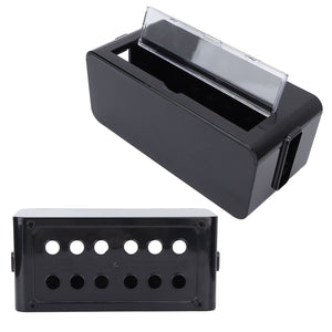 Power Socket Storage Box in black plastic with a clear hinged lid and a panel of circular openings for cable access