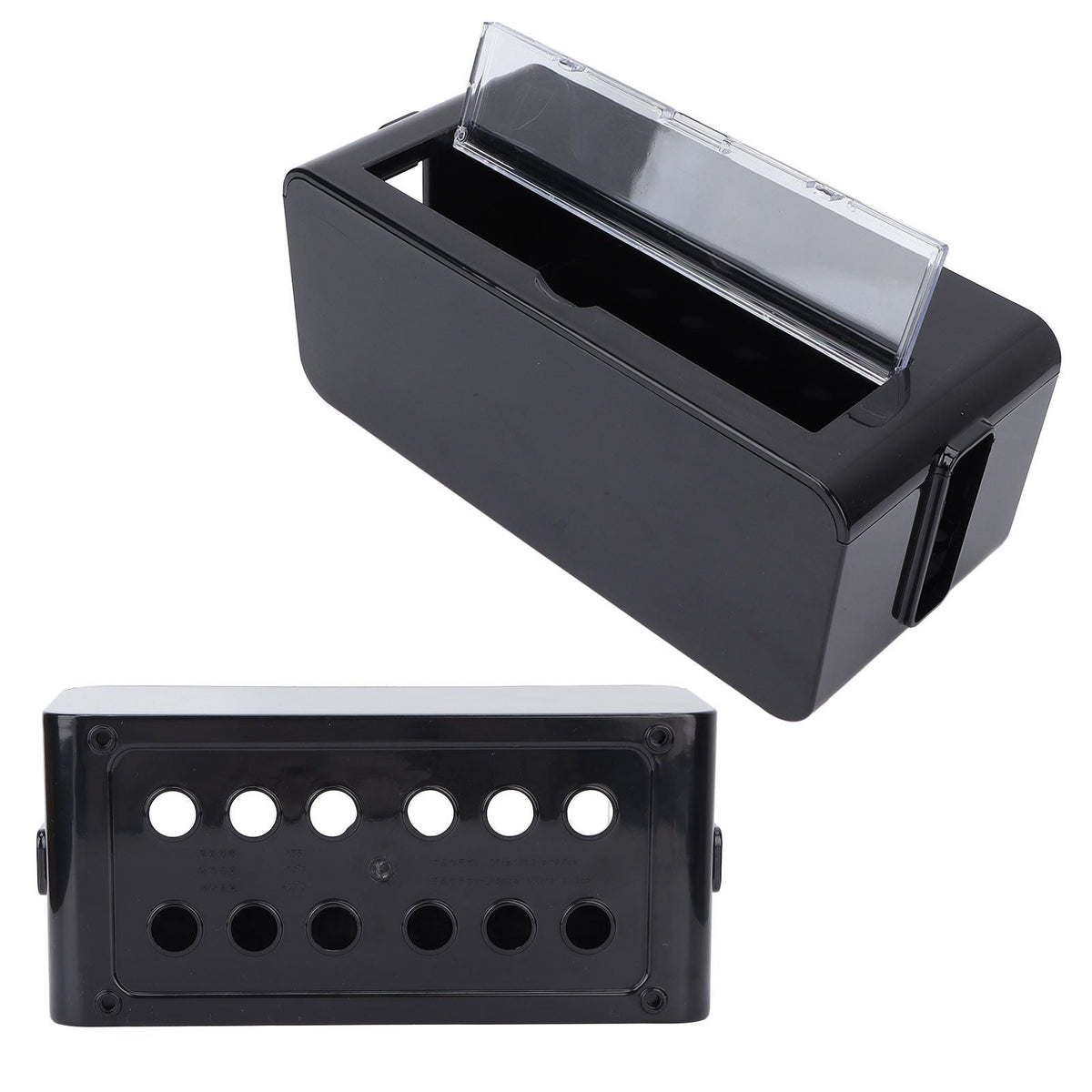 Power Socket Storage Box in black plastic with a clear hinged lid and a panel of circular openings for cable access