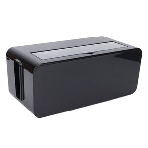 Power Socket Storage Box in glossy black plastic, with a rectangular shape and a narrow clear lid panel