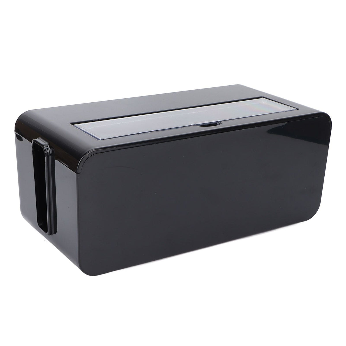 Power Socket Storage Box in glossy black plastic, with a rectangular shape and a narrow clear lid panel