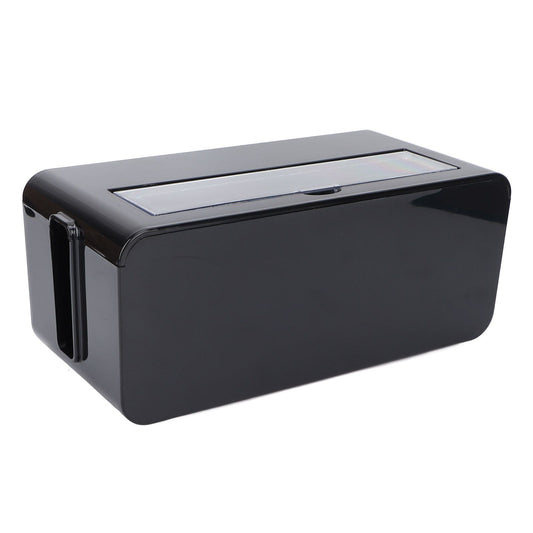 Power Socket Storage Box in glossy black plastic, with a rectangular shape and a narrow clear lid panel
