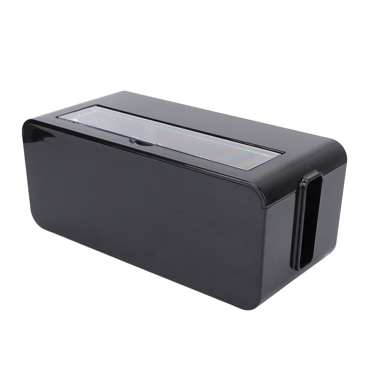 Power Socket Storage Box in black plastic with a smooth rectangular body, clear hinged top lid and side openings