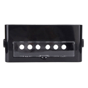 Power Socket Storage Box in glossy black plastic with a clear front panel and six round cable access holes