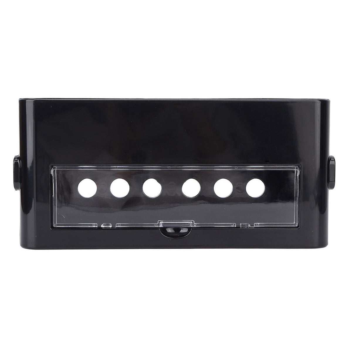 Power Socket Storage Box in glossy black plastic with a clear front panel and six round cable access holes