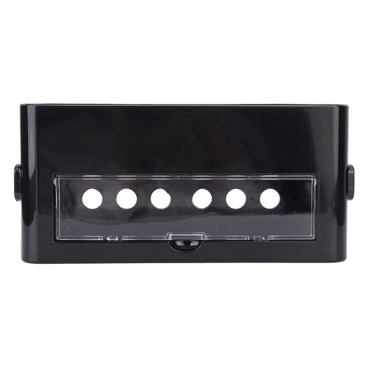 Power Socket Storage Box in glossy black plastic with a clear front panel and six round cable access holes
