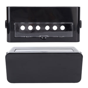 Power Socket Storage Box in black plastic with a clear front panel, six circular openings and a hinged lid