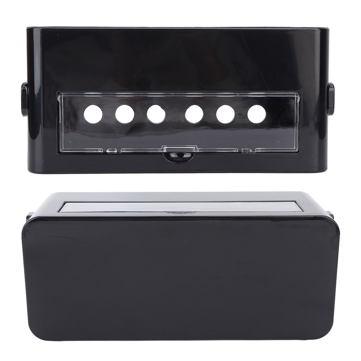 Power Socket Storage Box in black plastic with a clear front panel, six circular openings and a hinged lid