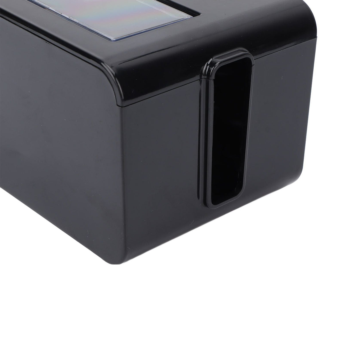 Power Socket Storage Box in black plastic with a smooth hinged lid and a vertical side opening for cords