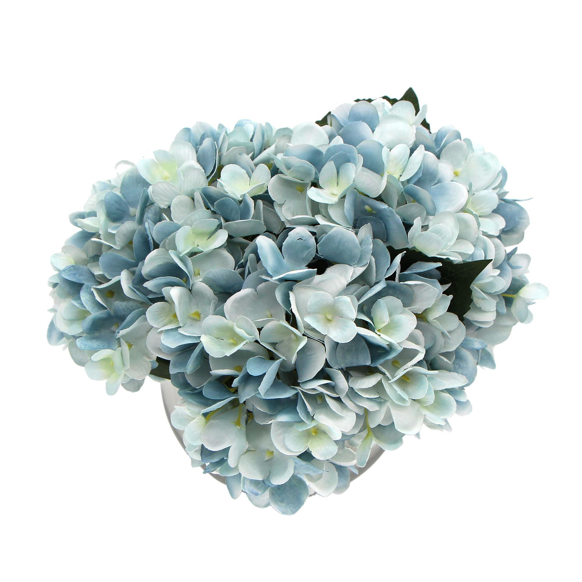 Premium Faux Hydrangea with dense pale blue and white fabric petals and dark green leaves in a rounded bloom