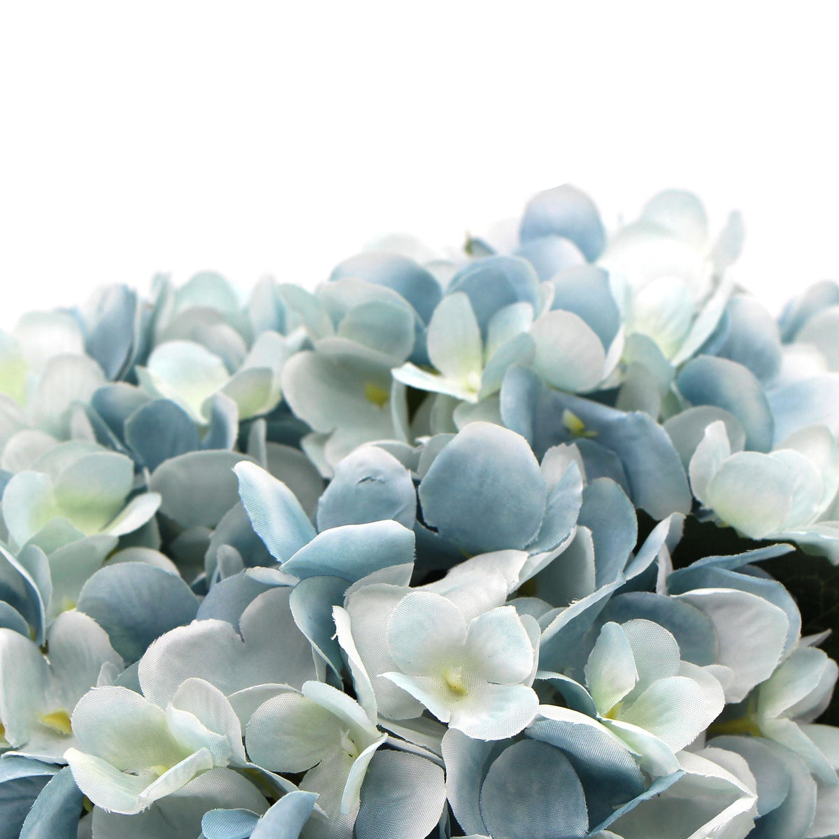 Premium Faux Hydrangea with densely packed pale blue and white petals, featuring delicate green centers and softly shaded edges