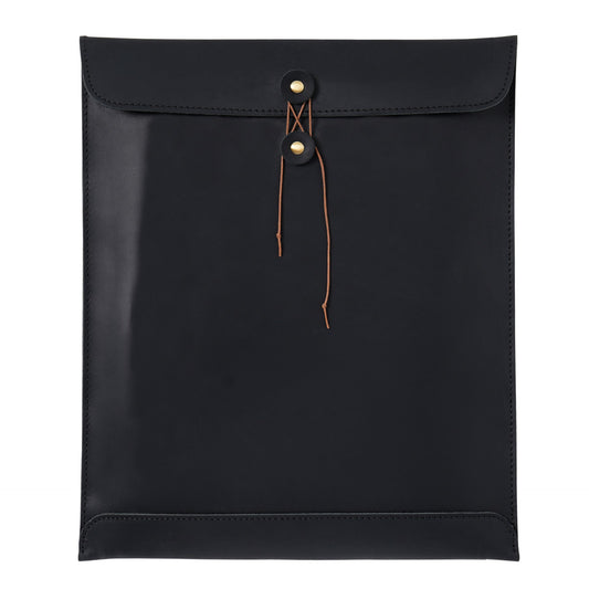 A4 document folder in black Premium Genuine Top Grain Leather with a smooth finish, stitched edges and string-button closure